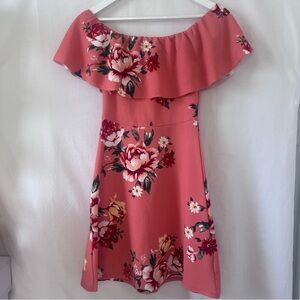 Almost Famous Women’s Floral Off The Shoulder Ruffle Coral Pink Dress (Size S)